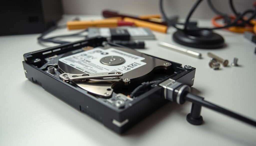 Open hard disk drive on table with tools