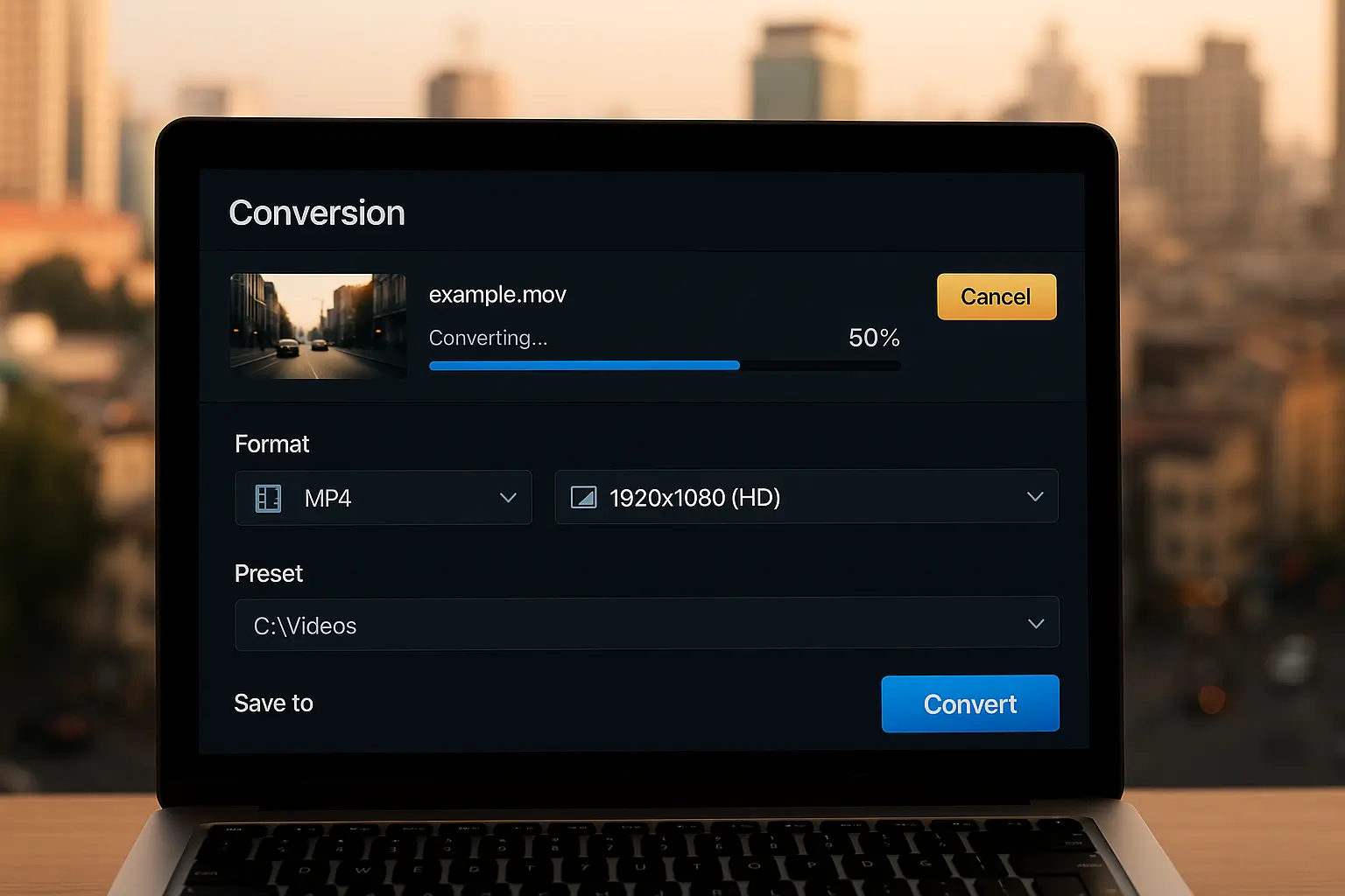 Video conversion process on a laptop screen