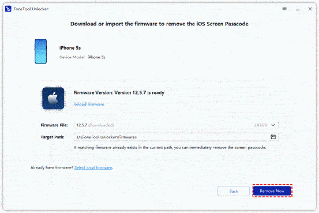 Firmware installation guide for iPhone 5s unlocking.