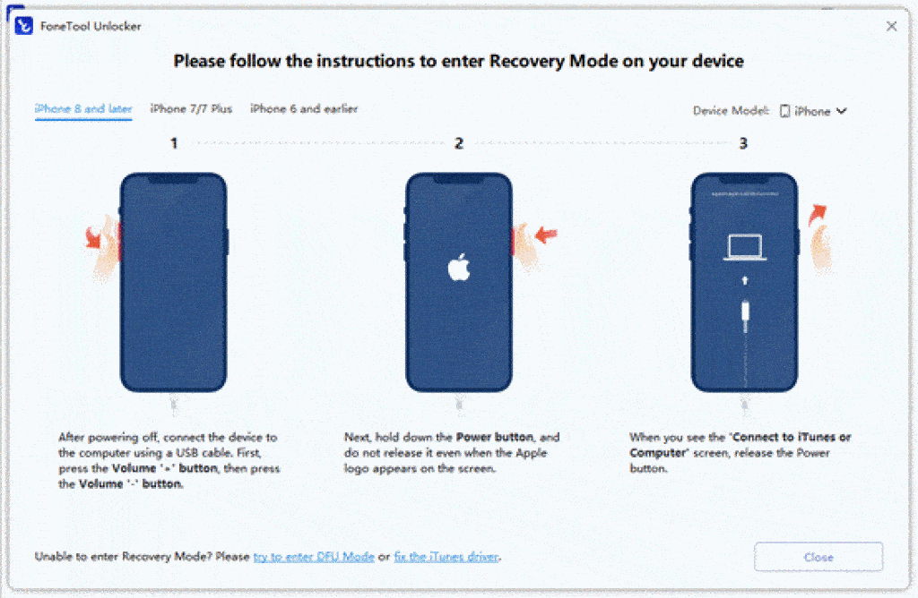 Instructions for entering Recovery Mode on iPhone