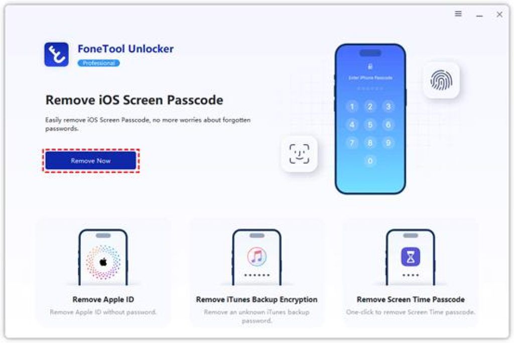 FoneTool Unlocker app interface for iOS password removal