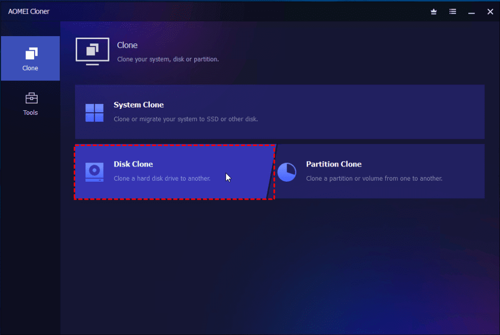 AOMEI Cloner interface for disk cloning options.