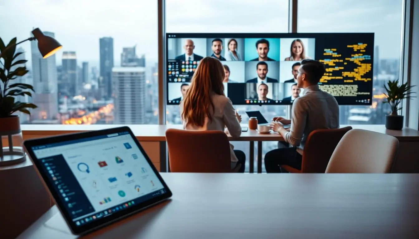 Remote video conference with city view background.