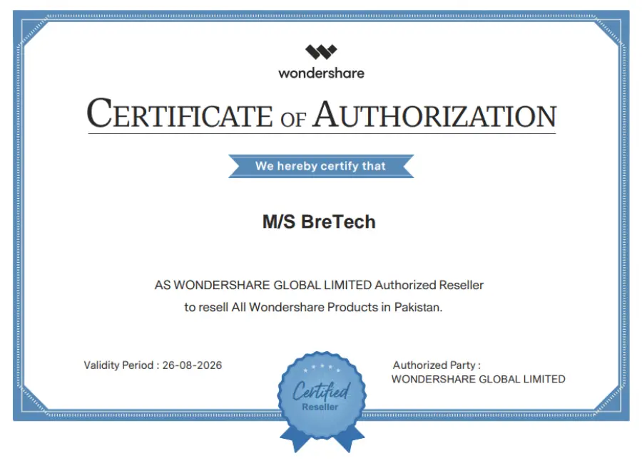 Wondershare certificate of authorization for BreTech