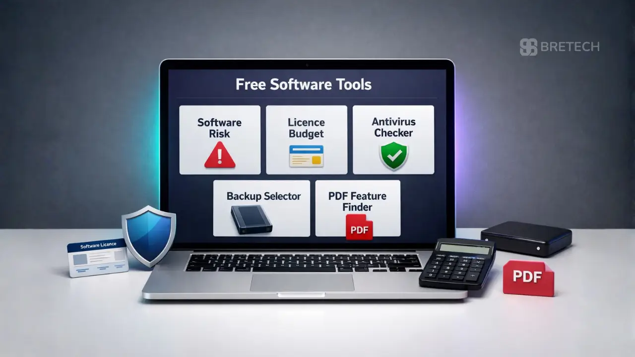 Laptop displaying free software tools dashboard
